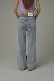 High Waist Colorblocked Double Button Illusion Straight Jeans