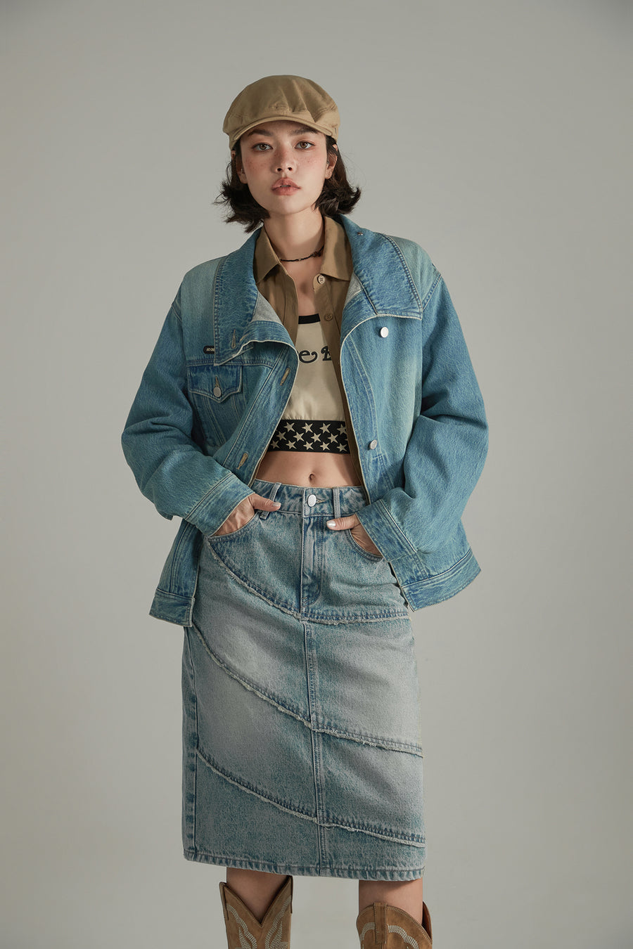 CHUU Asymmetrical High Neck Denim Jacket