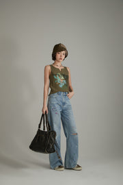 Paint Splatter Design Split Wide Denim Jeans