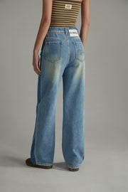 Front Pocket Design Wide Straight Denim Jeans