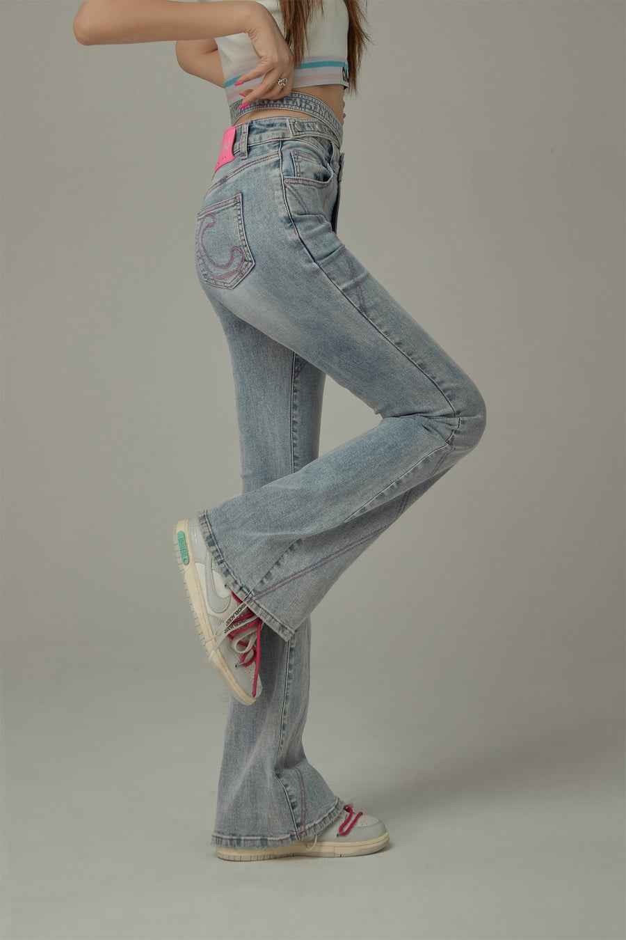 CHUU X Stitch Waist Slit Bootcut Denim Jeans