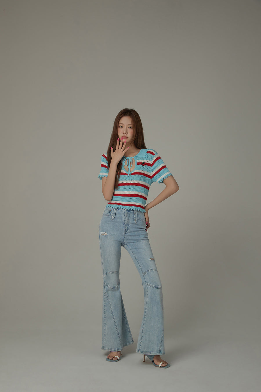 CHUU Stitch Distressed Bootcut Denim Jeans