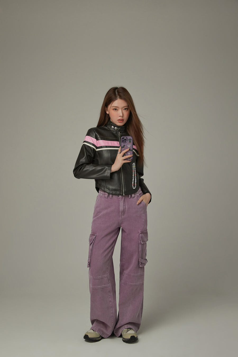 CHUU Color Combination Leather Jacket