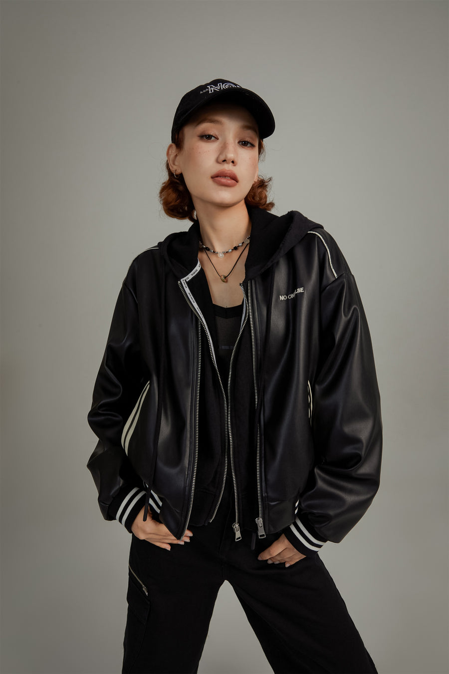 CHUU Varsity Leather Zip-Up Jacket