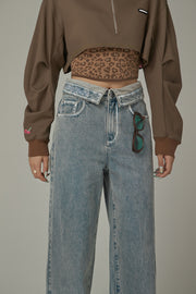 Folded Waist Collar Washed Wide Jeans