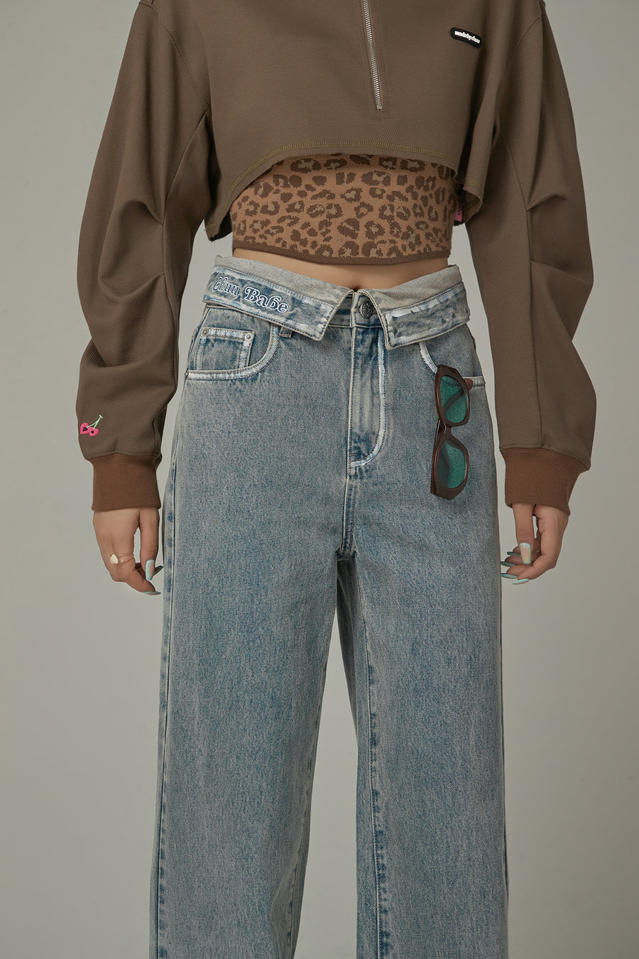 CHUU Folded Waist Collar Washed Wide Jeans