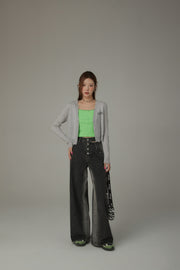 Multi-Button Waist Slit Washed Denim Jeans