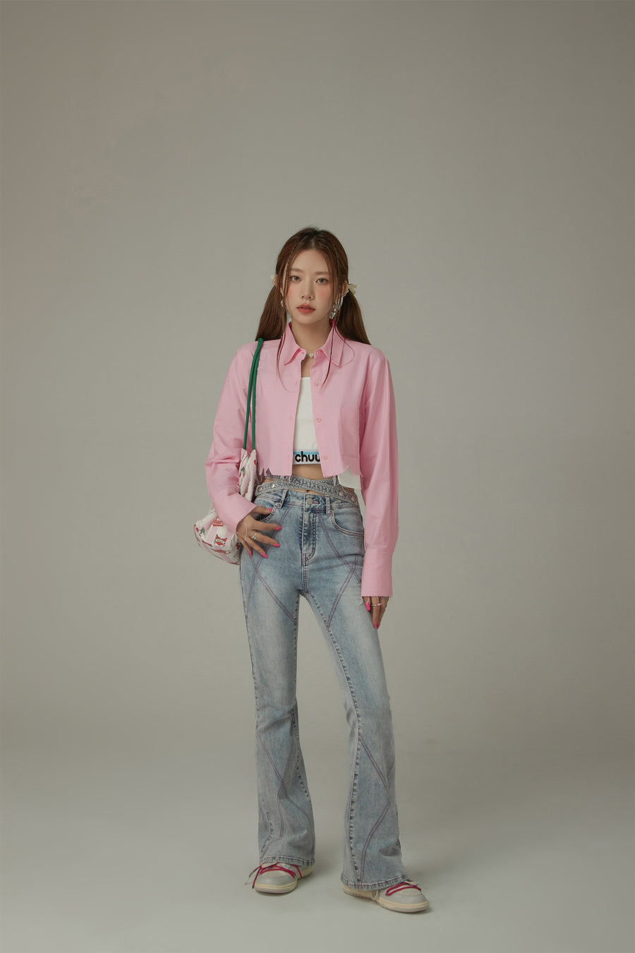 CHUU X Stitch Waist Slit Bootcut Denim Jeans