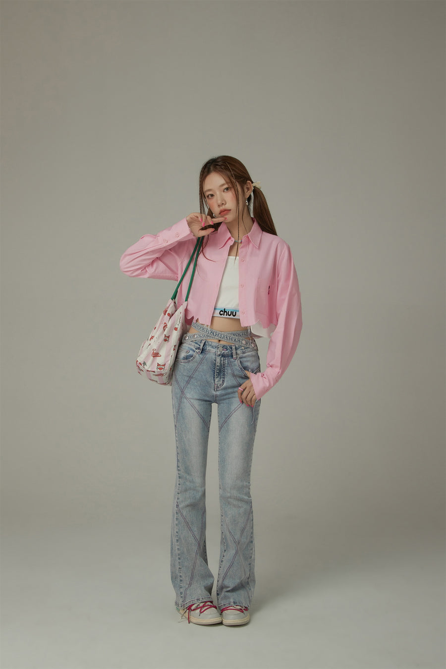 CHUU X Stitch Waist Slit Bootcut Denim Jeans