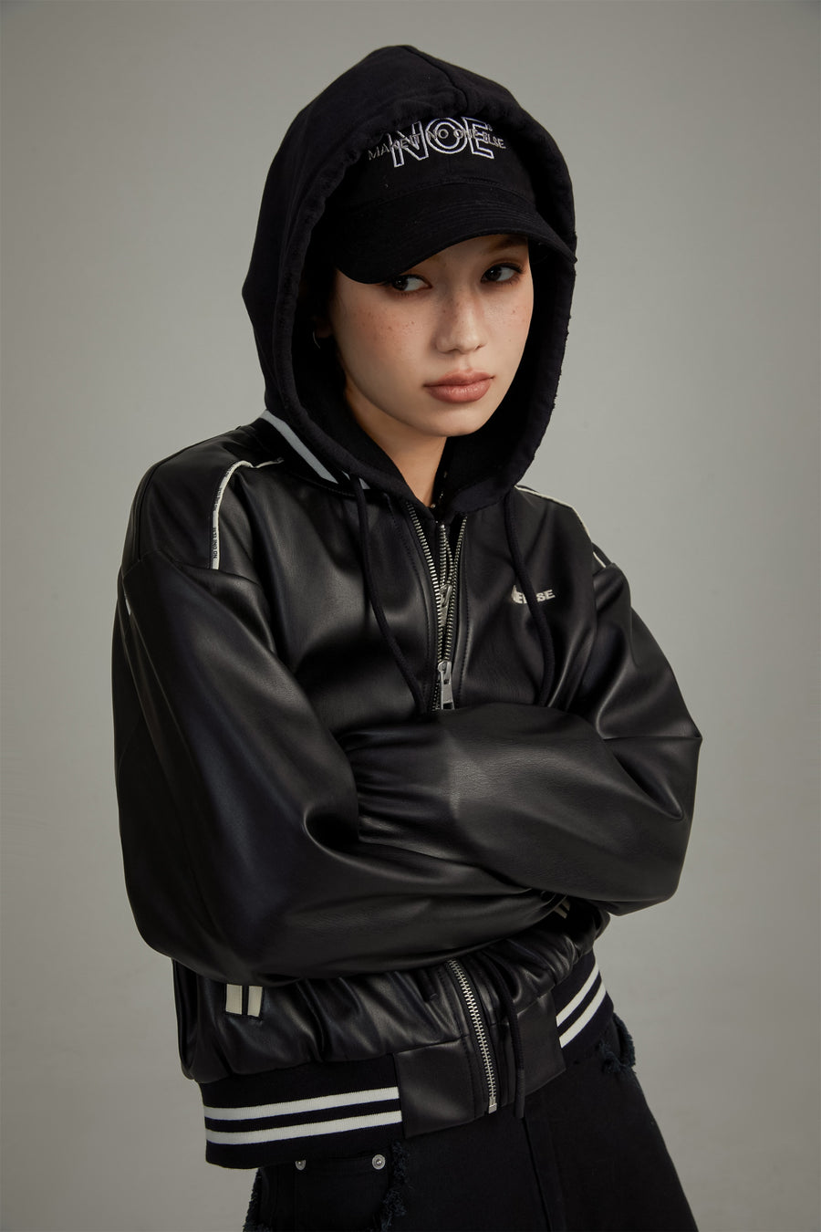 CHUU Varsity Leather Zip-Up Jacket
