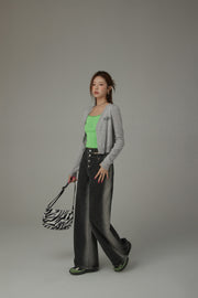 Multi-Button Waist Slit Washed Denim Jeans