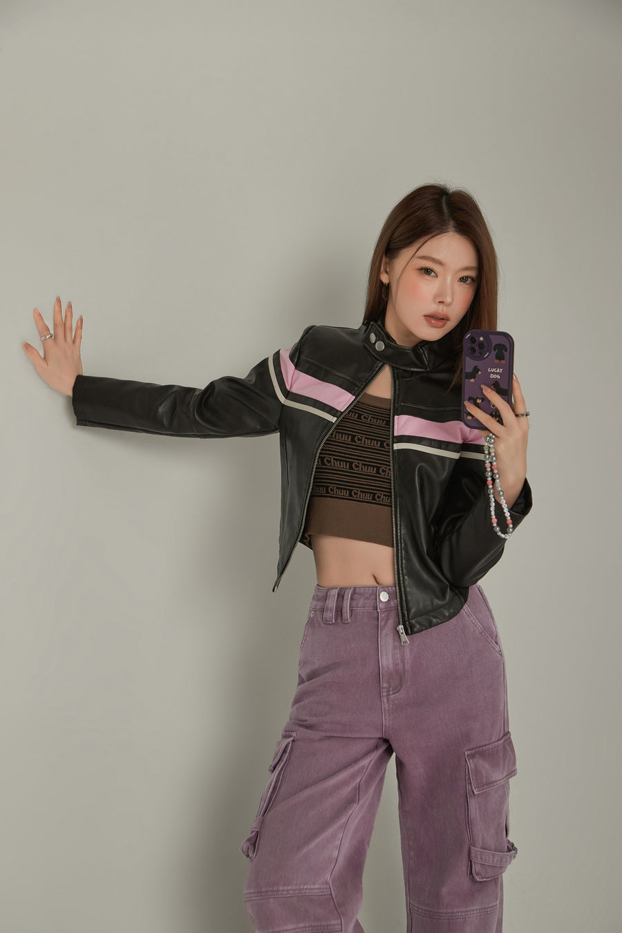 CHUU Color Combination Leather Jacket