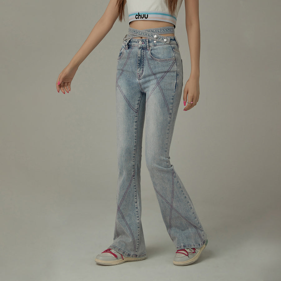 CHUU X Stitch Waist Slit Bootcut Denim Jeans