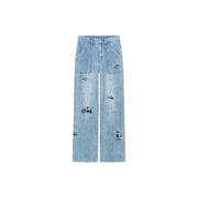 Cherry Letter Embroidered Wide Leg Straight Denim Jeans