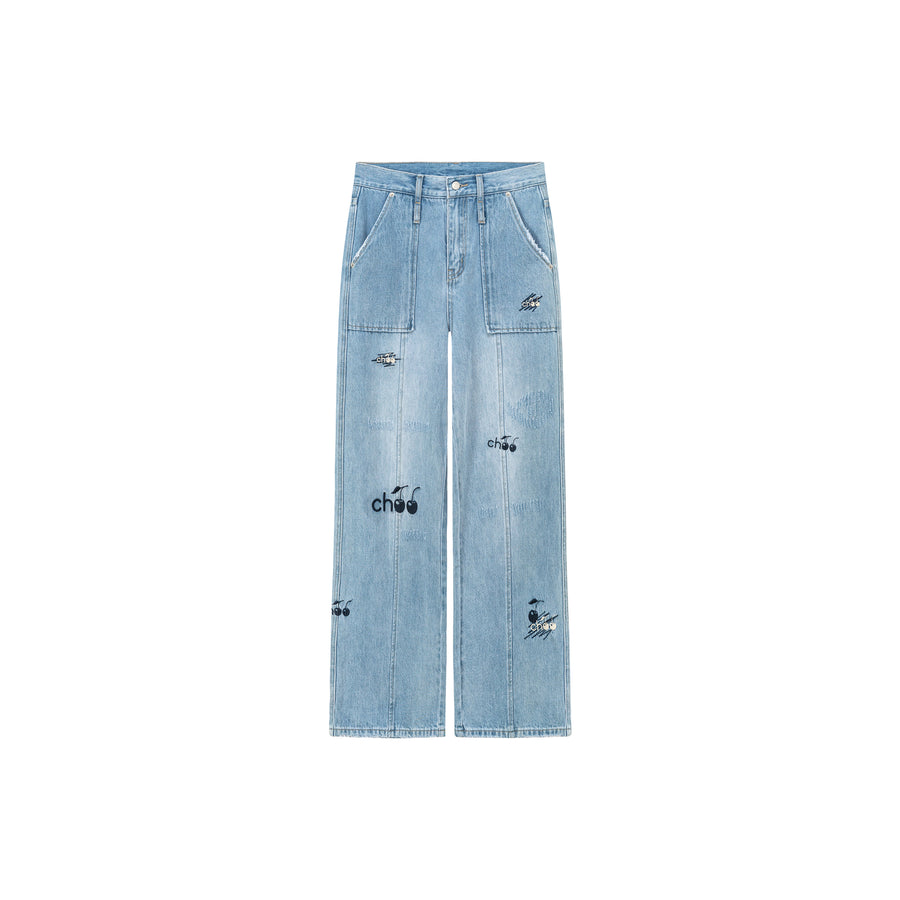 CHUU Cherry Letter Embroidered Wide Leg Straight Denim Jeans