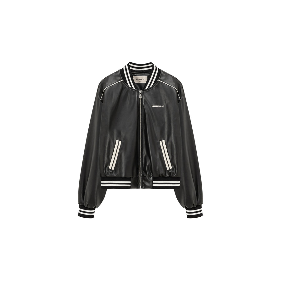 CHUU Varsity Leather Zip-Up Jacket