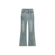 Bow Design Frayed Hem Bootcut Denim Jeans