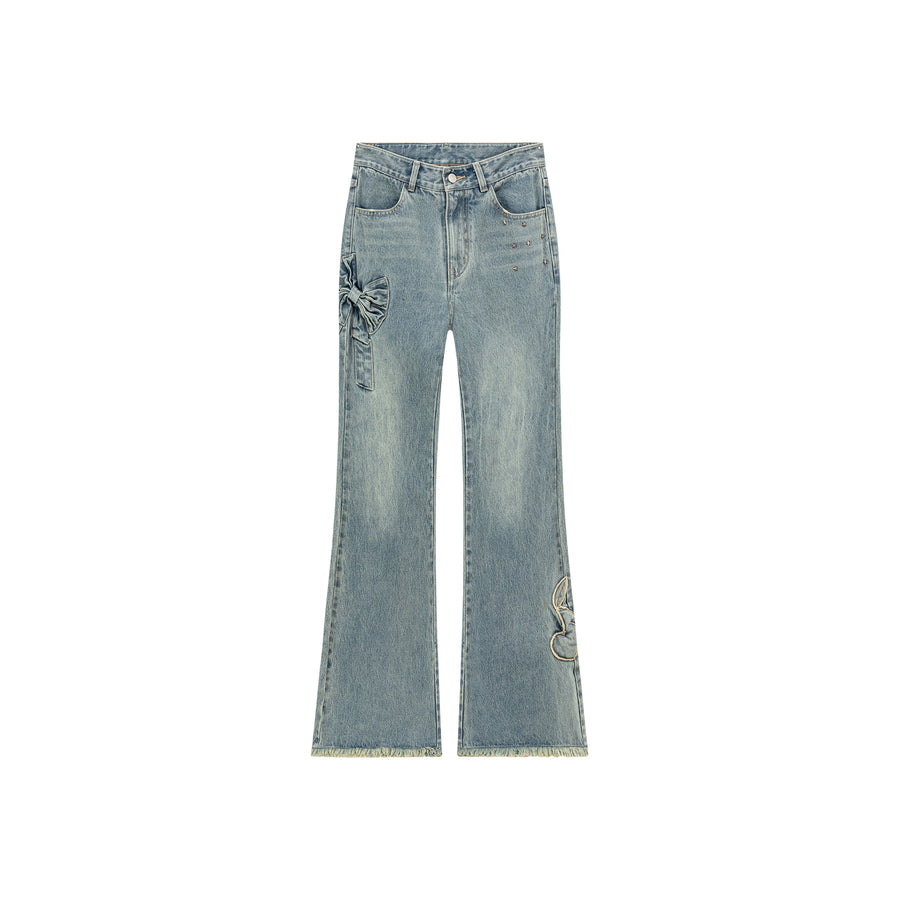 CHUU Bow Design Frayed Hem Bootcut Denim Jeans