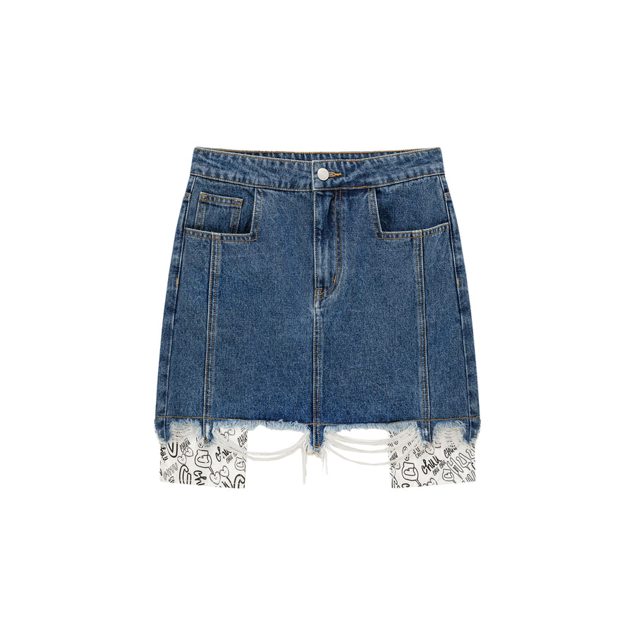 CHUU Raw Hem A-Line Denim Skirt