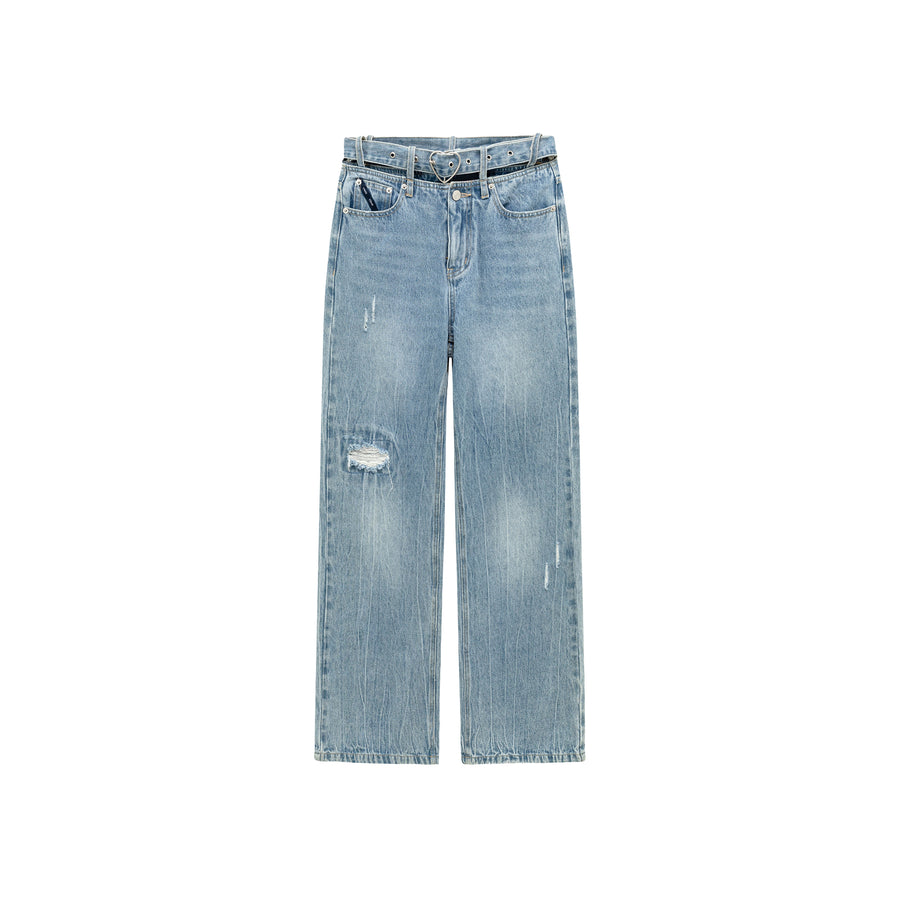 CHUU Heart Belt Waist Slit Ripped Denim Jeans