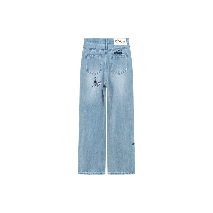 CHUU Cherry Letter Embroidered Wide Leg Straight Denim Jeans