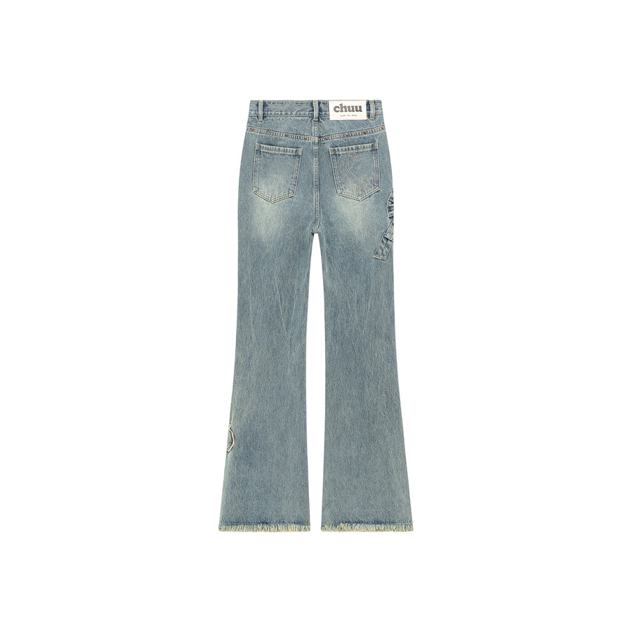 CHUU Bow Design Frayed Hem Bootcut Denim Jeans