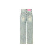 Cotton Distressed Denim Straight Leg Jeans