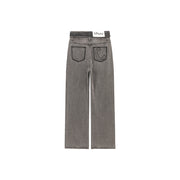 Folded Waist Collar Washed Wide Jeans