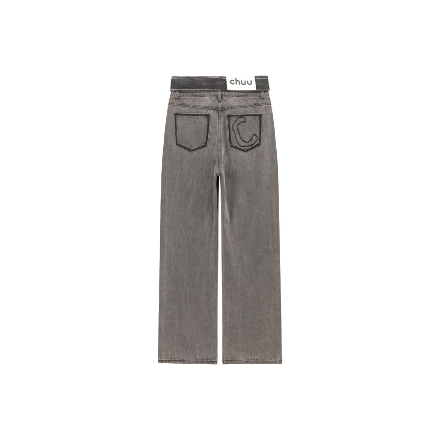 CHUU Folded Waist Collar Washed Wide Jeans