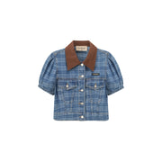 Vintage Check Puffy Short Sleeve Denim Jacket