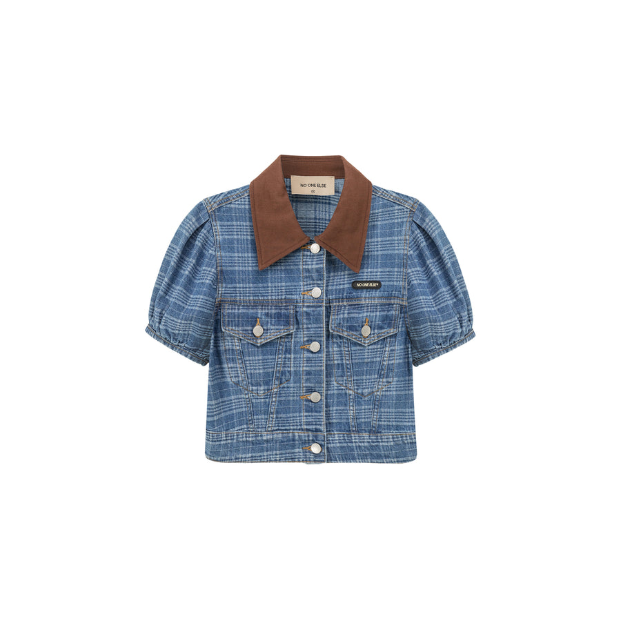 CHUU Vintage Check Puffy Short Sleeve Denim Jacket