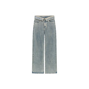 Folded Waist Collar Washed Wide Jeans