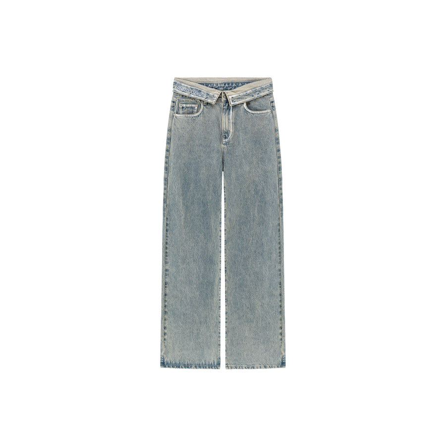 CHUU Folded Waist Collar Washed Wide Jeans