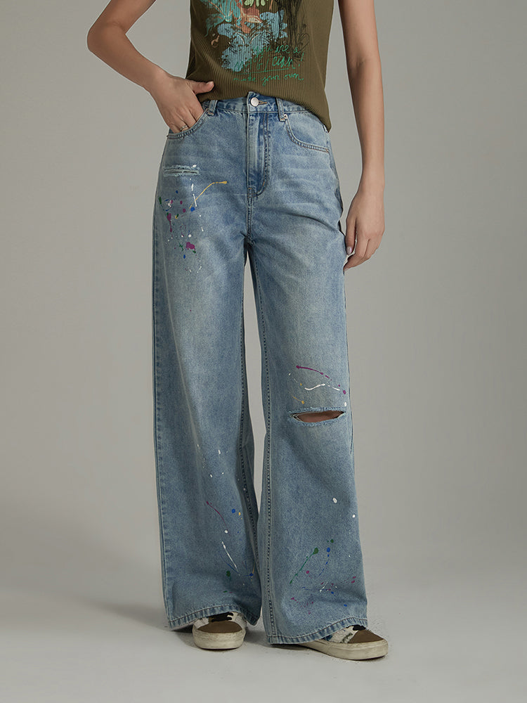 CHUU Paint Splatter Design Split Wide Denim Jeans