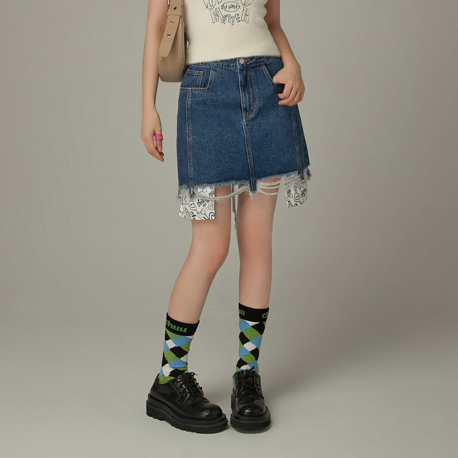 CHUU Raw Hem A-Line Denim Skirt