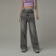 High Waist Colorblocked Double Button Illusion Straight Jeans