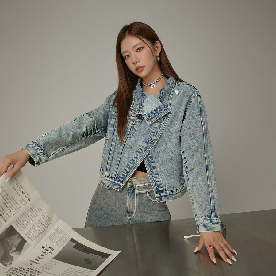 CHUU Unbalanced Shirring Denim Jacket