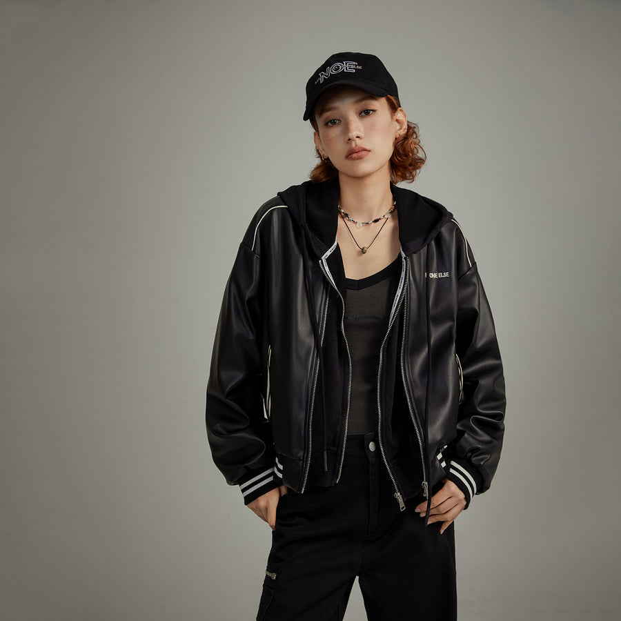 CHUU Varsity Leather Zip-Up Jacket