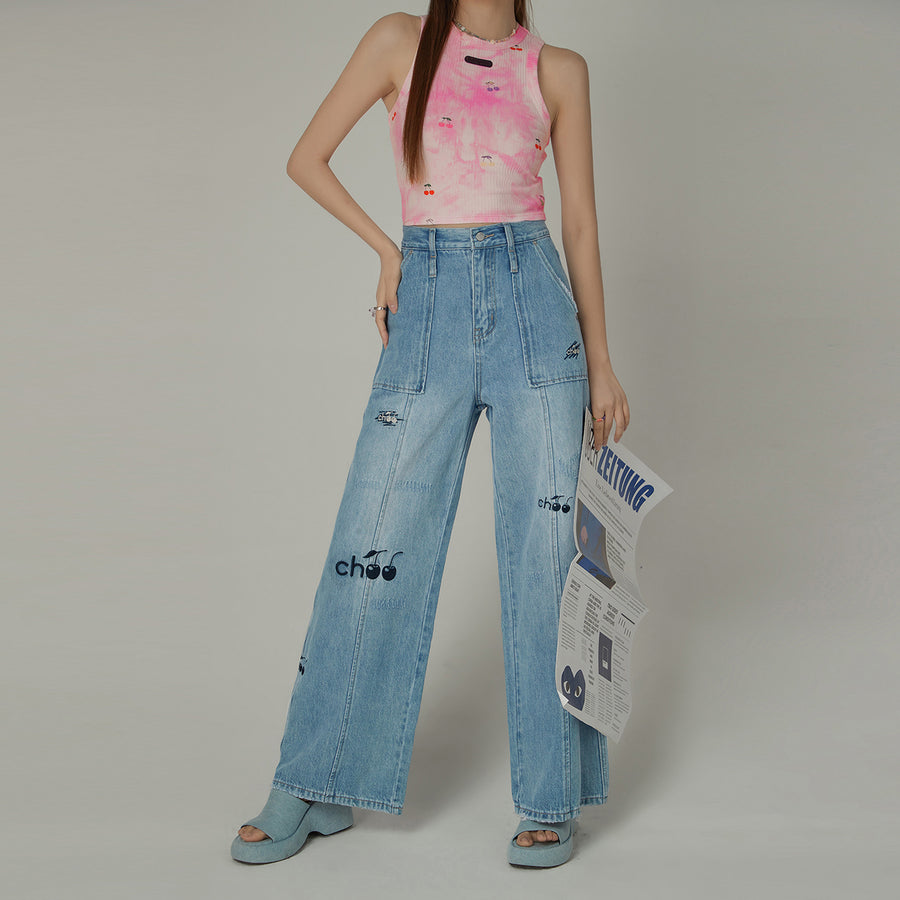 CHUU Cherry Letter Embroidered Wide Leg Straight Denim Jeans