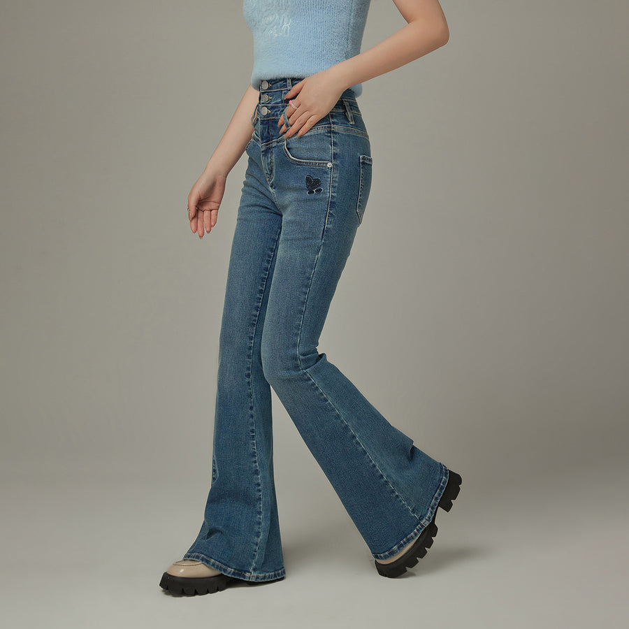 CHUU Heart Embroidered Bootcut Denim Jeans
