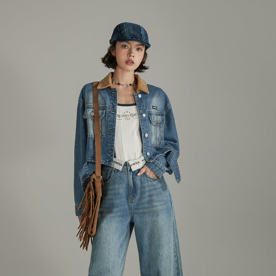CHUU Color Collar Stitching Retro Denim Jacket