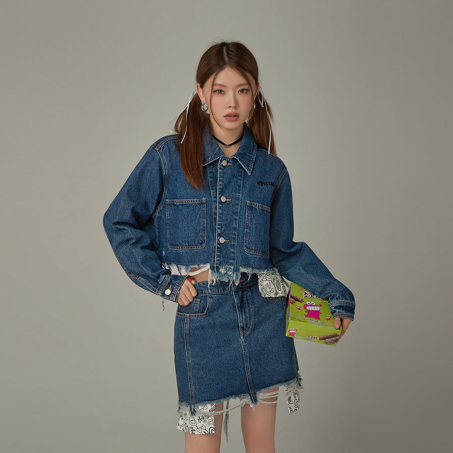 CHUU Raw Hem Denim Crop Jacket