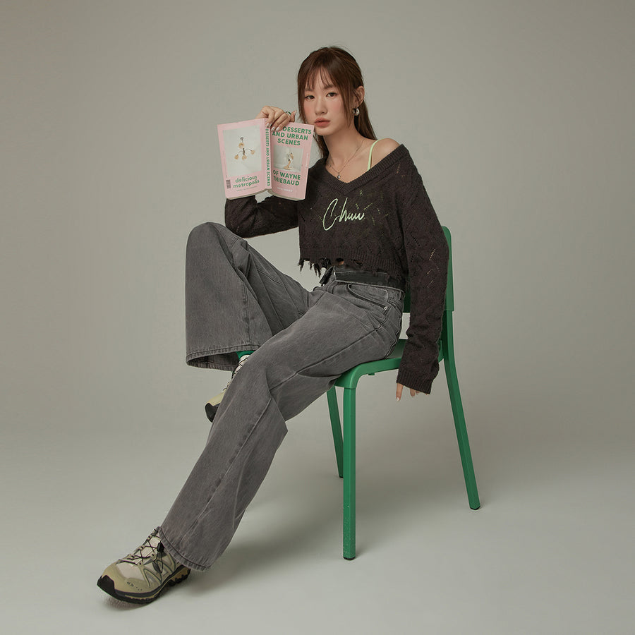 CHUU Folded Waist Collar Washed Wide Jeans