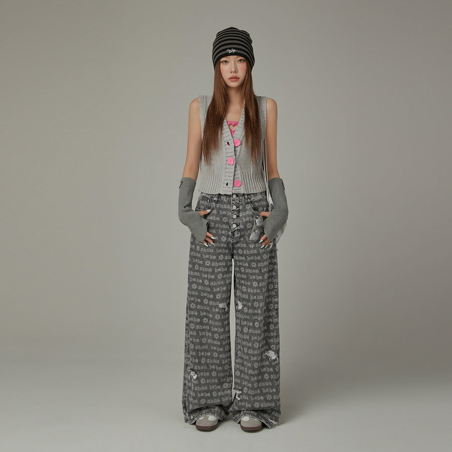 CHUU Lettering Button Distressed Denim Jeans