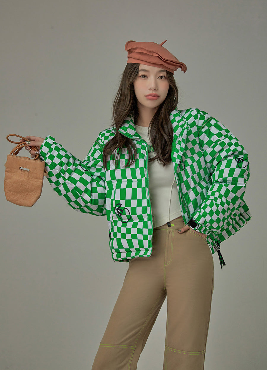 CHUU Cherries And Winter Chekchered Padded Jacket