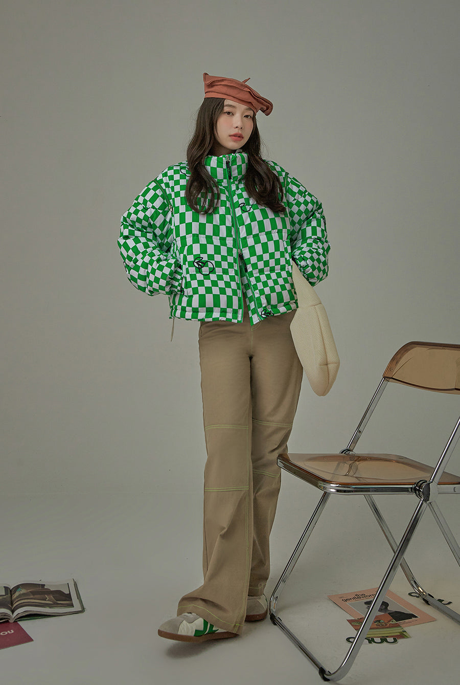 CHUU Cherries And Winter Chekchered Padded Jacket