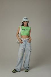 Color Flower Distressed Light Wash Straight Denim Jeans