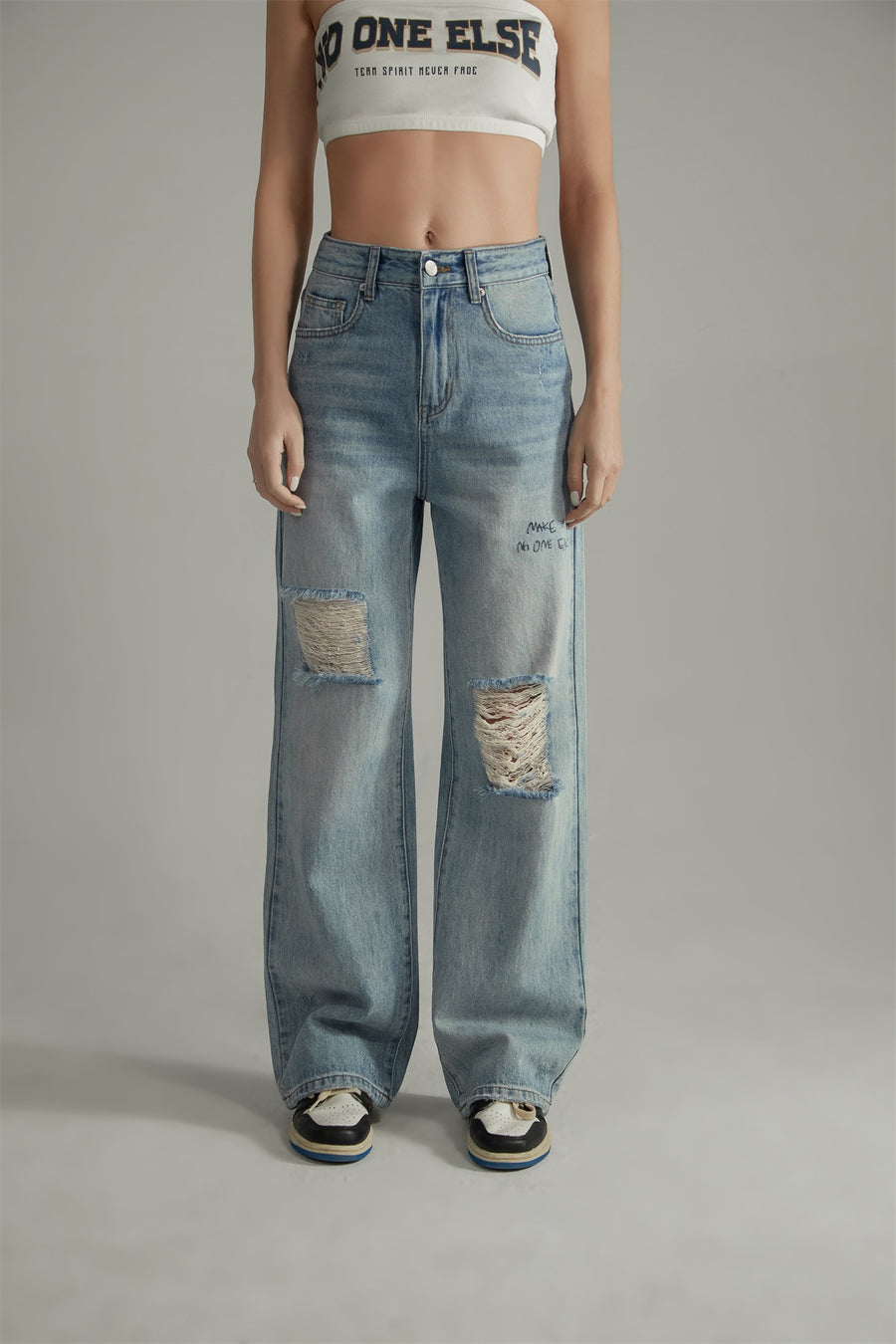 CHUU Distressed Ripped Wide Denim Jeans