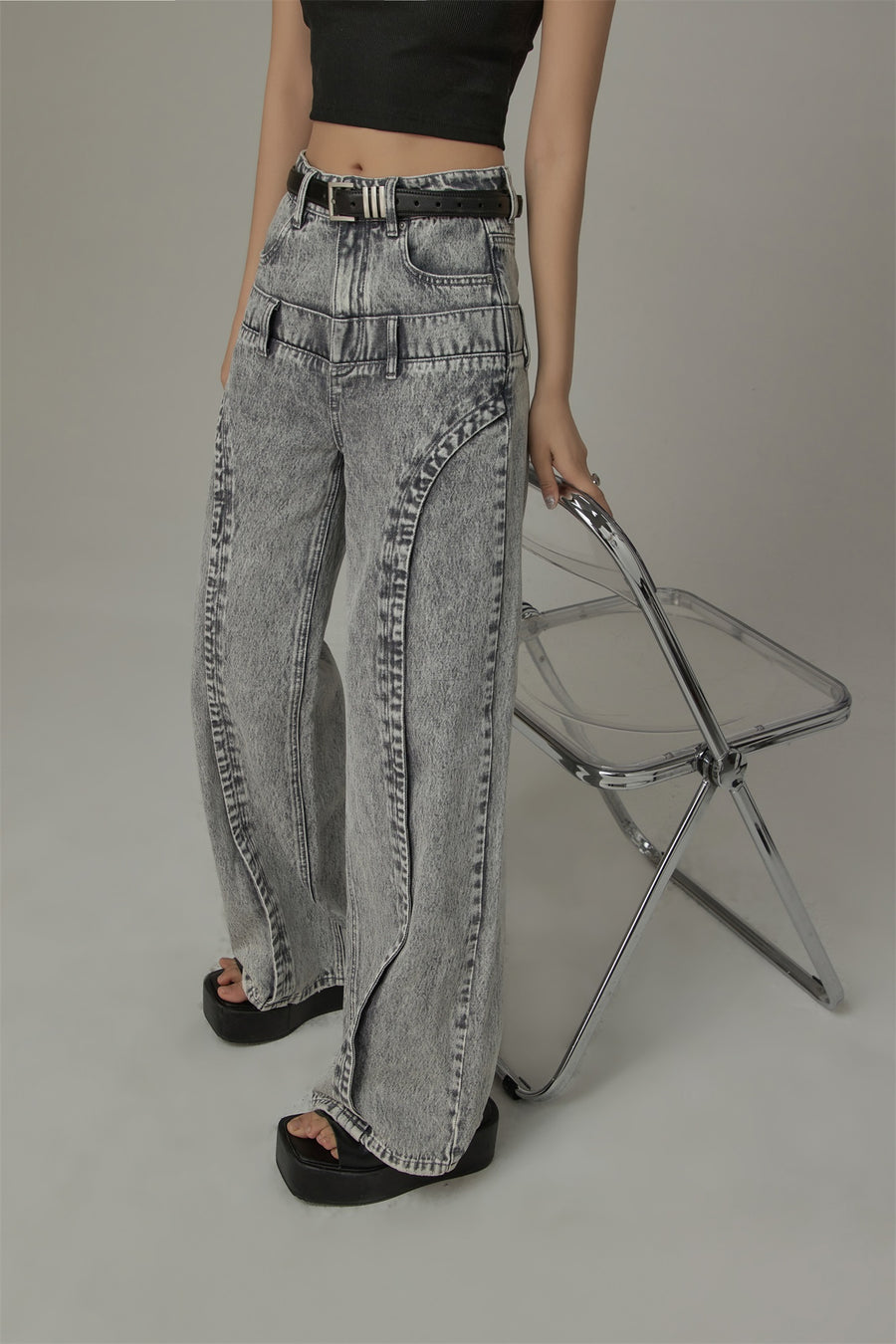 CHUU Double Belt High Waisted Straight Jeans