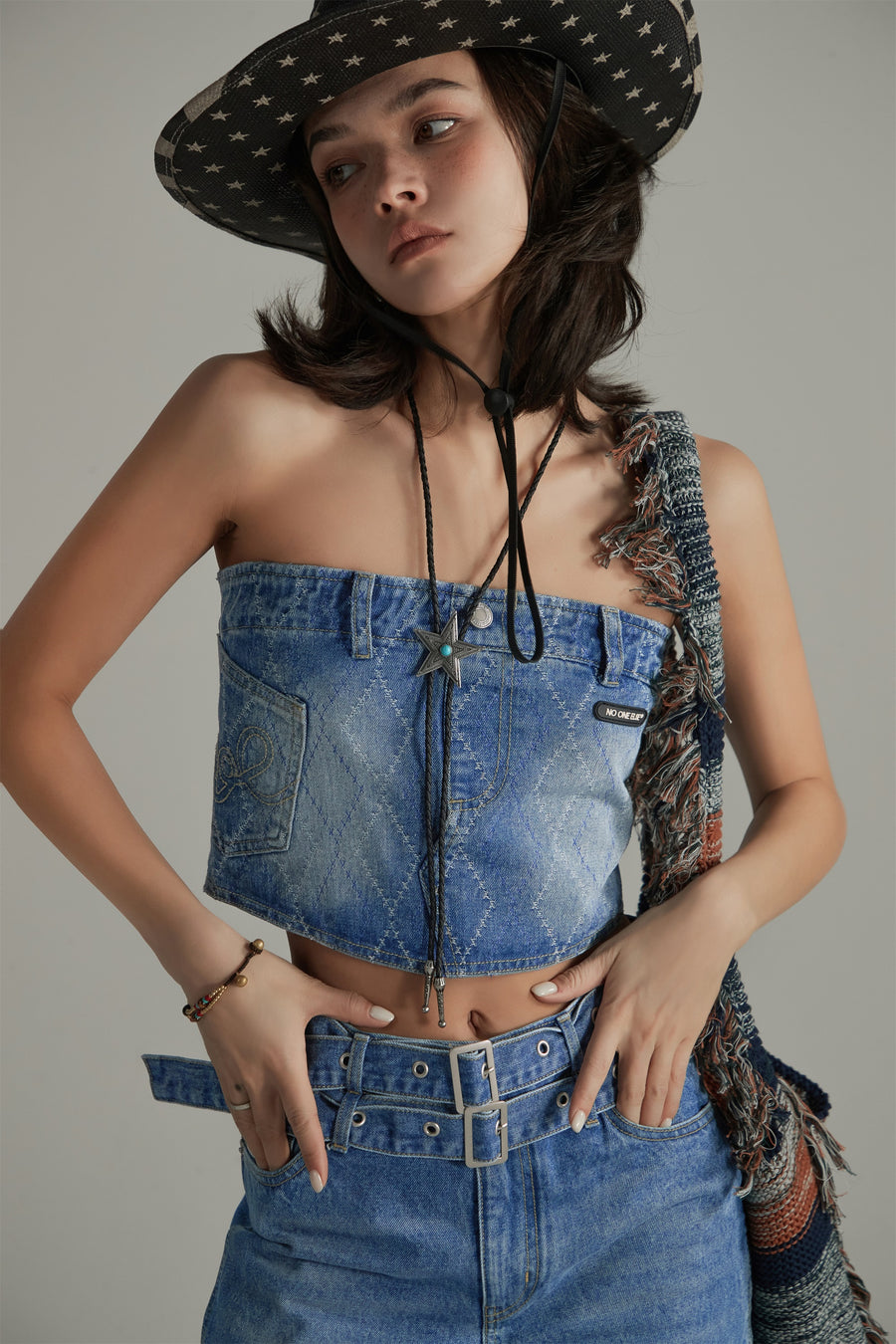 CHUU Argyle Denim Tube Top